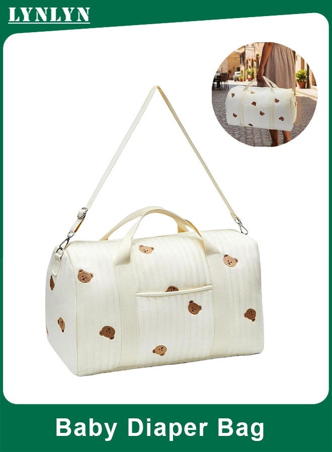 لينلي حقيبة سفر أنيقة مطرزة بسعة كبيرة بنقشة دب لطيف للحفاضات - Image 1